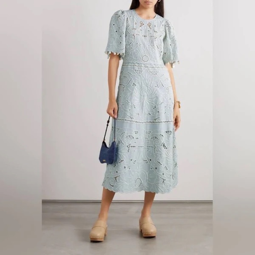 Sea New York Blue Blaire Shell-embellished Broderie Anglaise Cotton Midi Dress